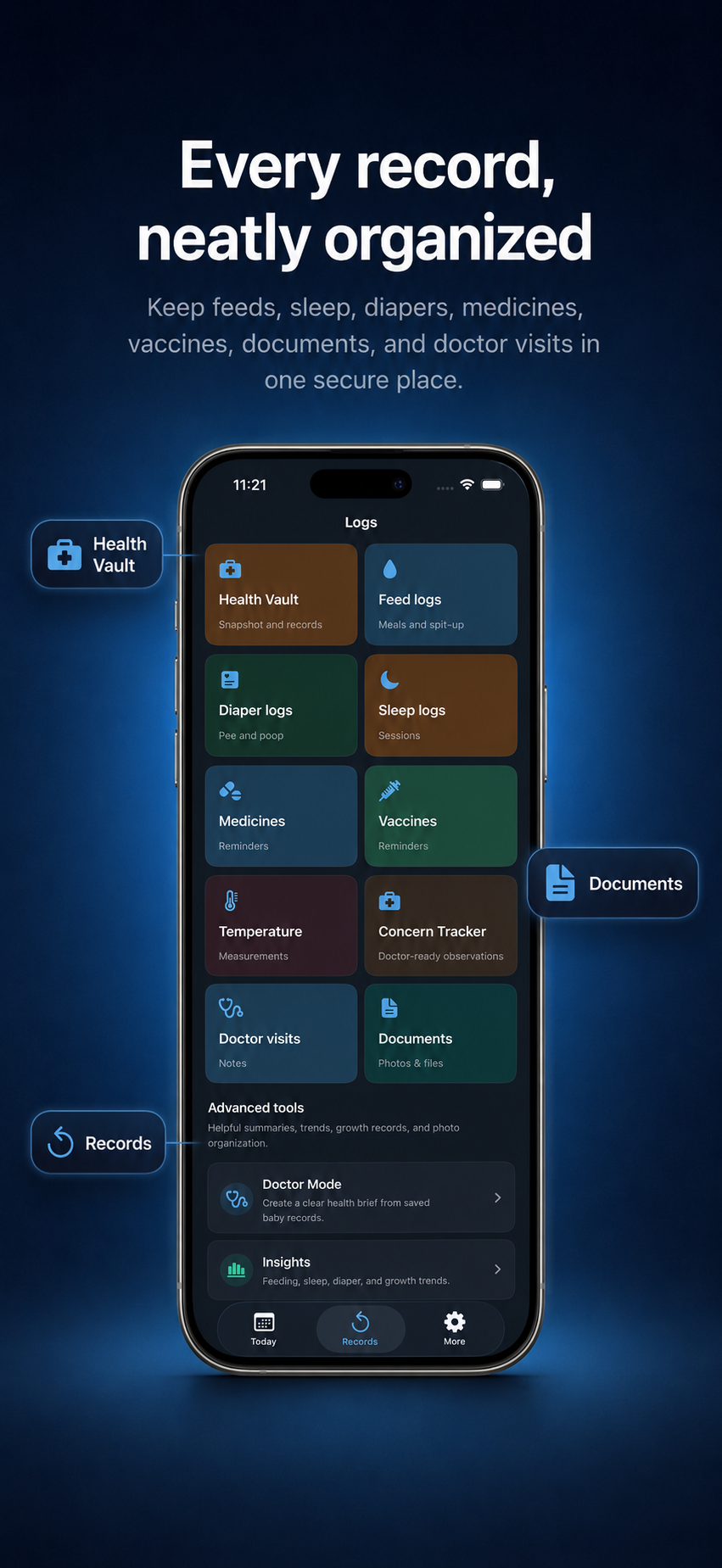 Baby Care Vault records poster showing feeds, sleep, diapers, medicines, vaccines, temperature, concern tracker, doctor visits, and documents