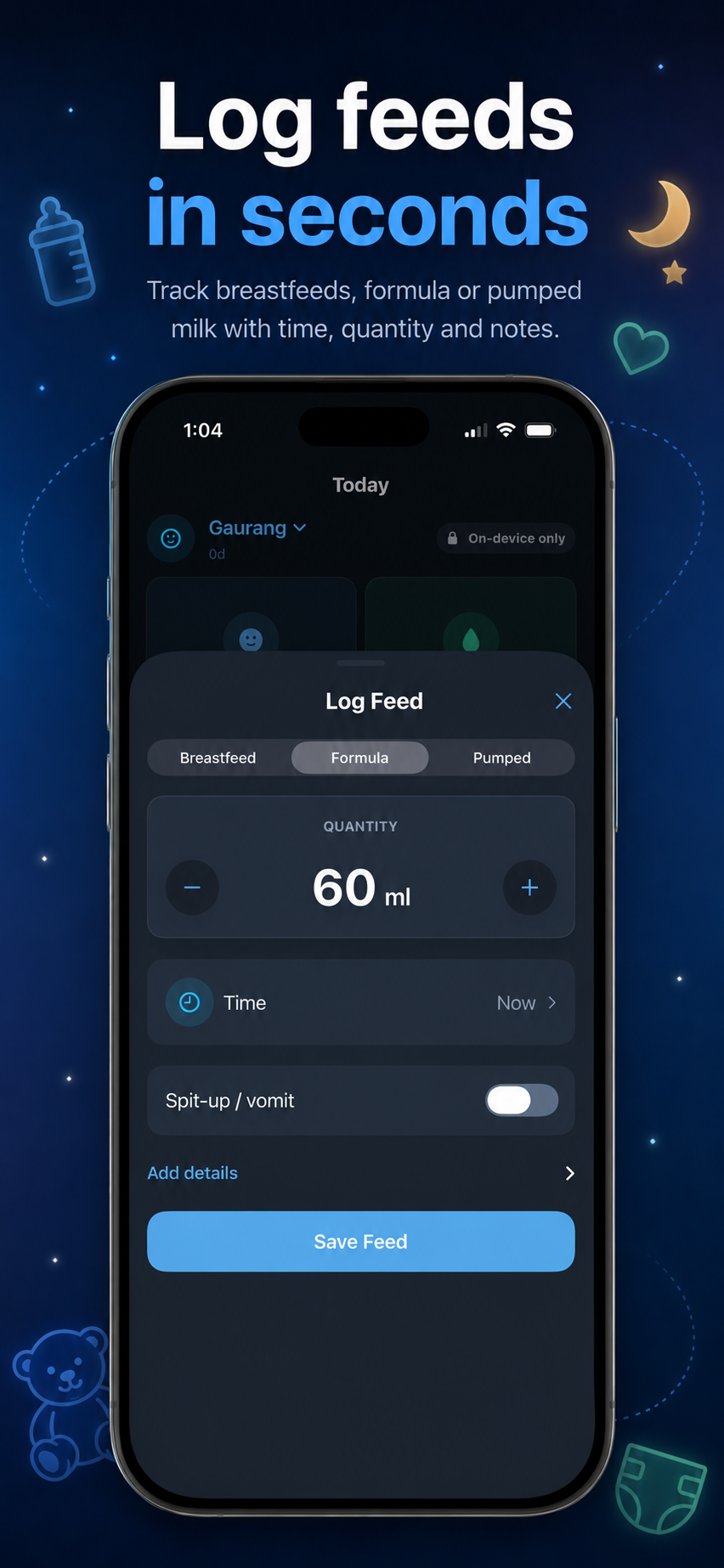 Baby Care Vault feed logging screen with feed type, quantity, time, spit-up toggle, details, and save button