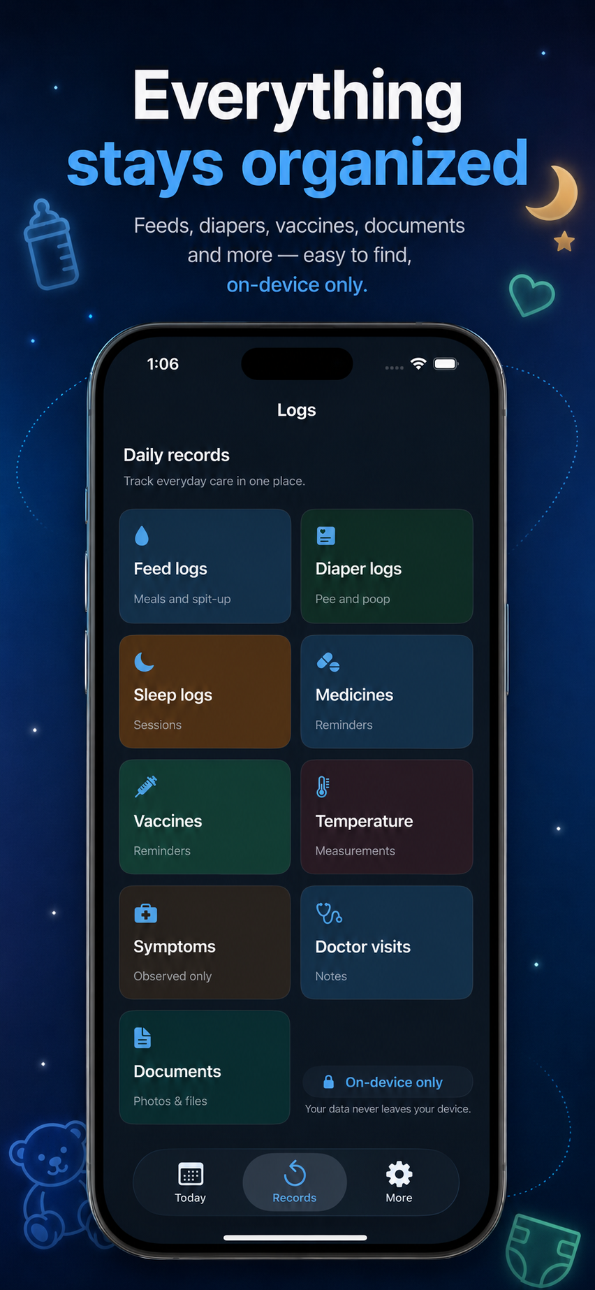 Baby Care Vault logs screen with feed, diaper, sleep, medicine, vaccine, temperature, symptom, doctor visit, and document record categories