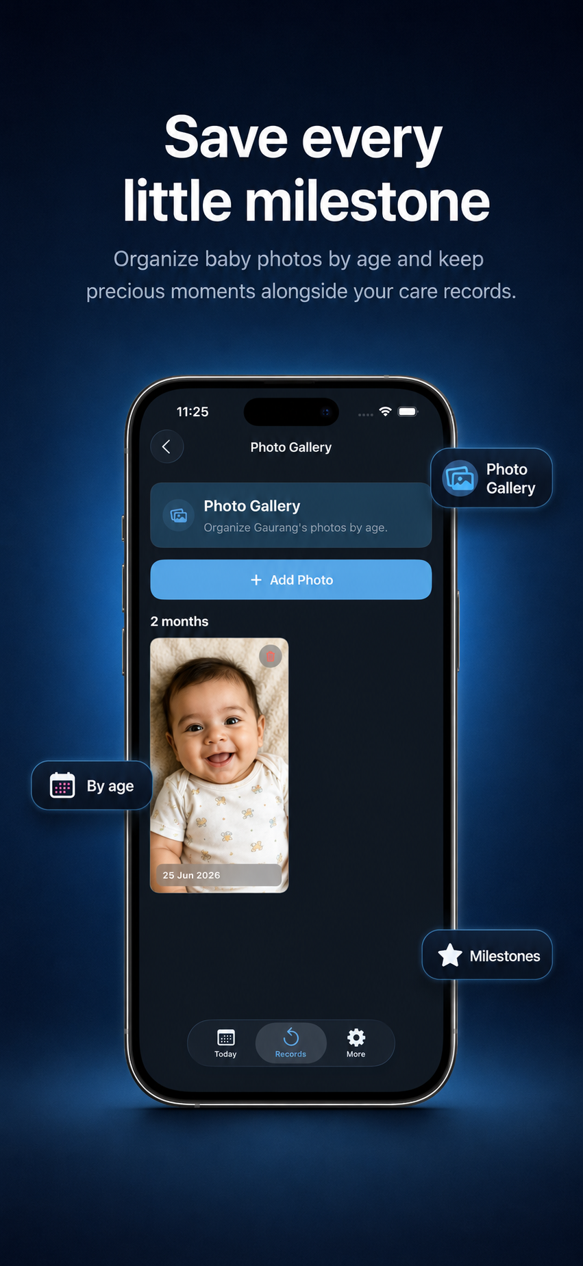 Baby Care Vault milestone poster showing a photo gallery organized by age with saved baby memories