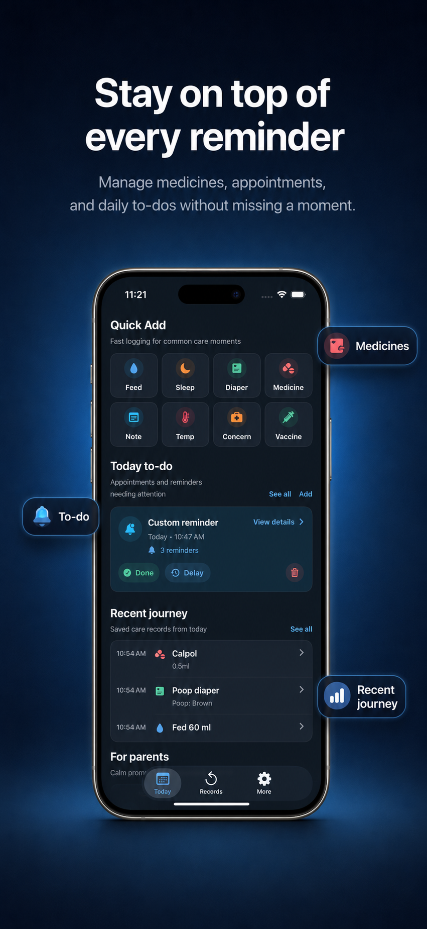 Baby Care Vault reminders poster showing medicines, appointments, and daily to-dos in a quick add workflow